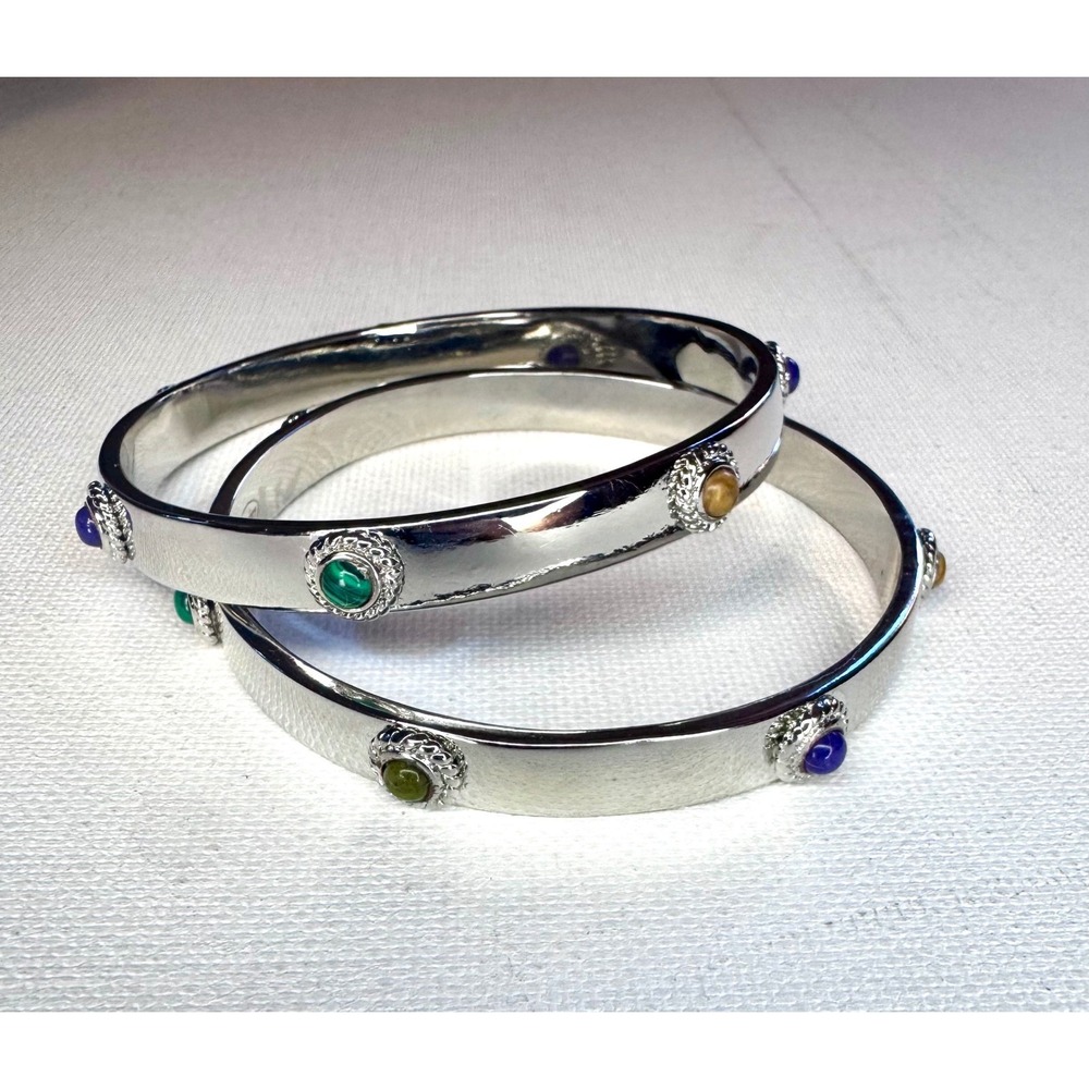 Kitsy Lane Multicolor Cabochon Silver Tone Bangle Bracelet Set Pair